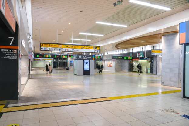 Leerer Bahnhof mit Menschen, Anzeigetafeln an den Wänden, Deckenleuchten und tragenden Säulen.
