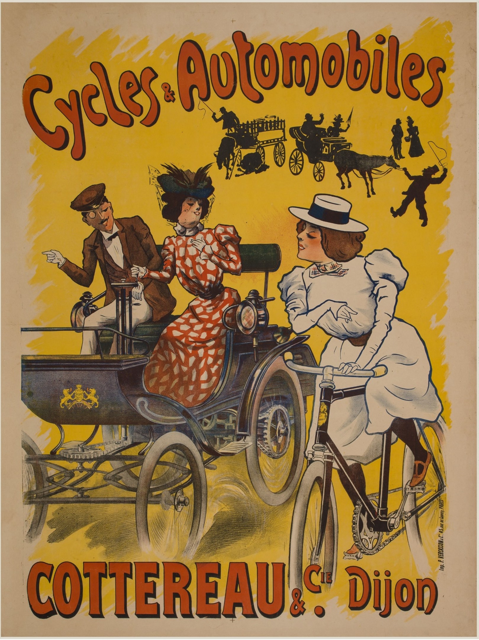 Plakat für Fahrräder und Automobile in Cottereau und Dijon, Frankreich, das Menschen auf Fahrrädern und eine Kutsche zeigt, mit der Aufschrift "Fahrräder und Automobile" oben.