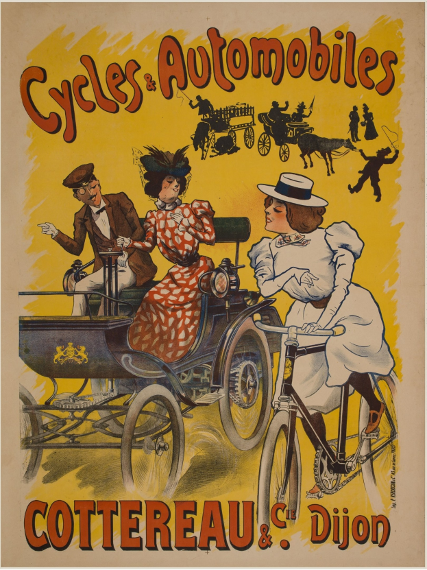 Plakat für Fahrräder und Automobile in Cottereau und Dijon, Frankreich, das Menschen auf Fahrrädern und eine Kutsche zeigt, mit der Aufschrift "Fahrräder und Automobile" oben.