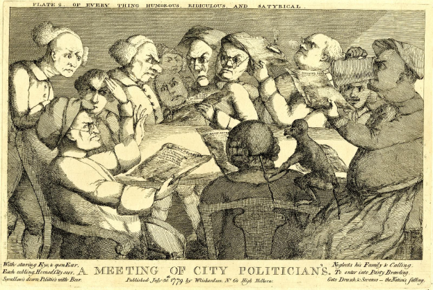 Eine Gruppe von Menschen sitzt um einen Tisch, wobei eine Person ein Buch hält, während andere in ein Gespräch vertieft sind, mit Text unten lesend "Eine Sitzung von Stadtpolitikern."