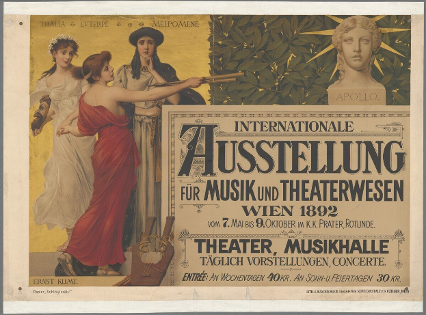 Plakat für die Internationale Ausstellung für Musik und Theaterwesen in Wien, das eine Gruppe von Menschen in einem Kreis mit einer Frau, die ein Musikinstrument hält, in der Mitte zeigt und Text mit Veranstaltungdetails.