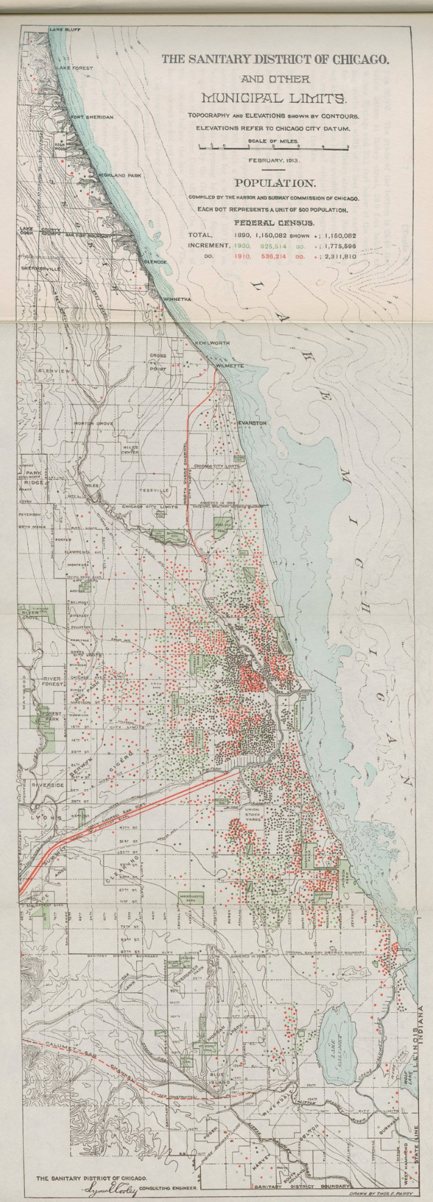 Schwarz-weiß-Karte des Sanitätsbezirks von Chicago, die die städtischen Grenzen und Textdetails zeigt.