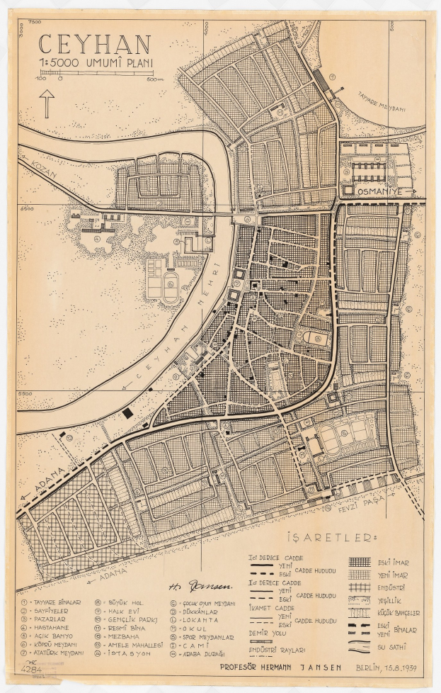 Detailreiches altes Stadtplan von Ceyhan, Türkei, zeigt Straßen, Gebäude und Sehenswürdigkeiten mit begleitendem Text über die Bevölkerung und Merkmale der Stadt.