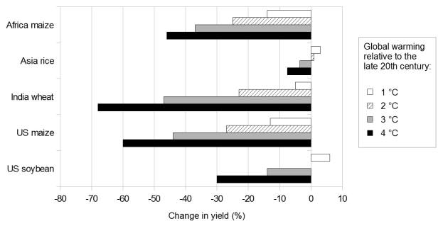Balkendiagramm, das die globale Erwärmung im Vergleich zum späten 20. Jahrhundert zeigt, mit Bars in verschiedenen Höhen, die verschiedene Klimaveränderungen darstellen.