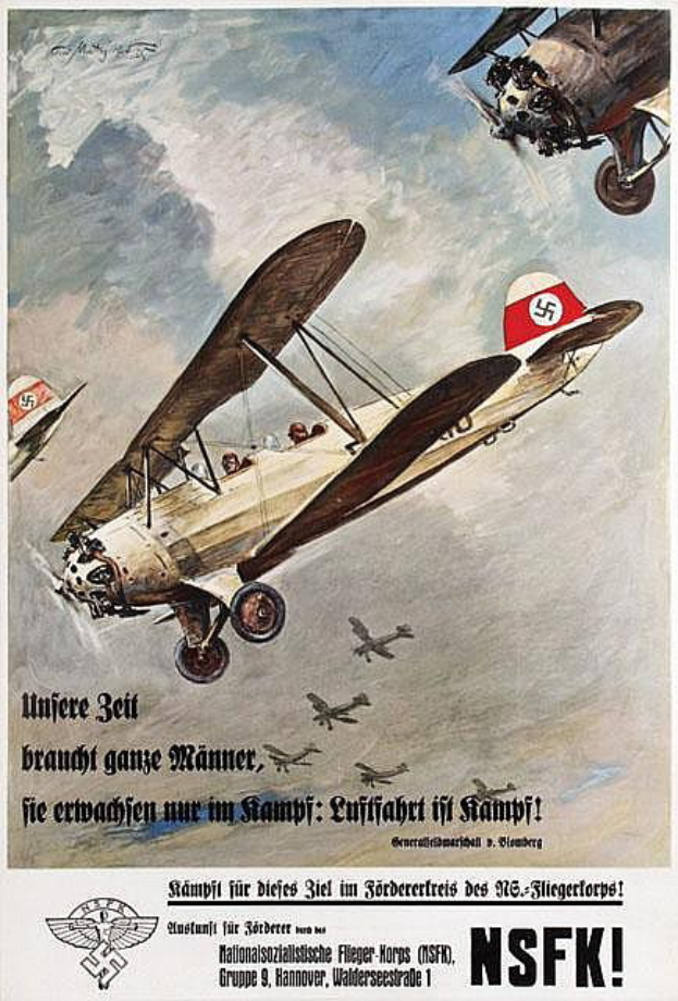 Ein deutscher Weltkriegs-Propagandaplakat aus dem Zweiten Weltkrieg, das eine Gruppe von Kampfflugzeugen in der Luft zeigt, mit Text, der die Flugzeuge und ihre Fähigkeiten beschreibt.
