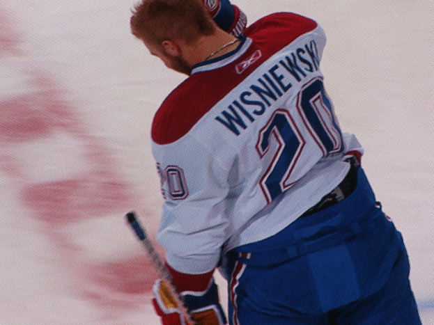 Professioneller Hockey-Spieler in einem "Wisniewski"-Trikot auf dem Eis mit einem Hockey-Schläger und konzentrierter Miene.