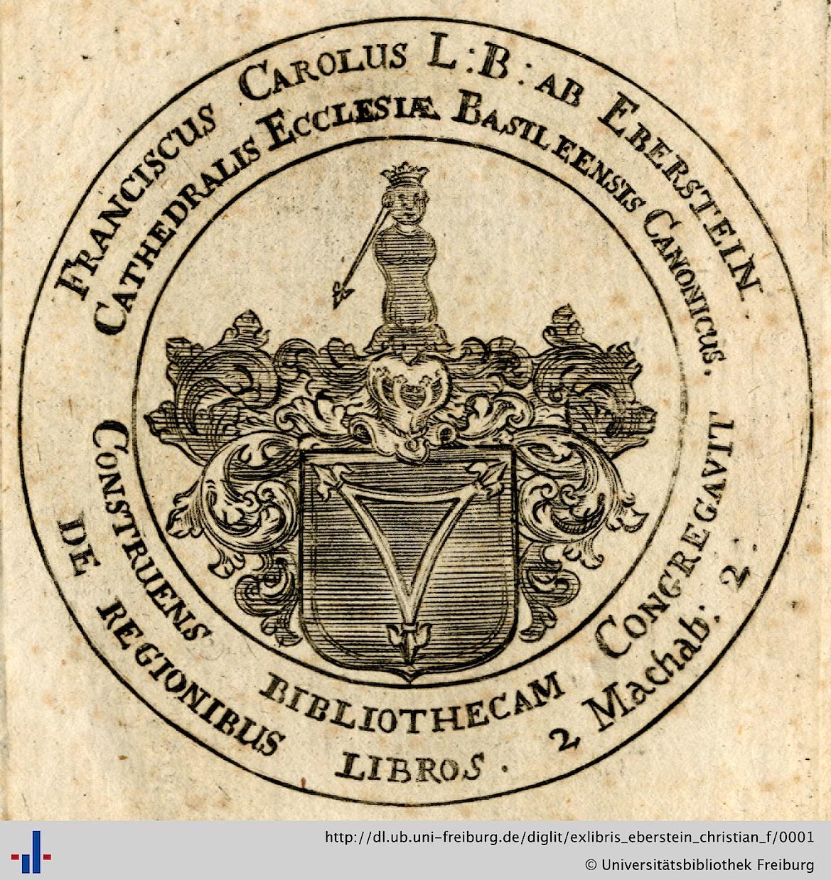 Altes Buch mit einem Wappen, das einen Schild mit einer Krone darauf zeigt, umgeben von einem Lorbeerkranz und einem Banner mit der Aufschrift "Bibliothek", und das Wort "Bibliotheken" darunter.