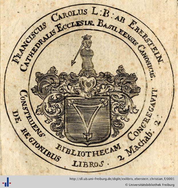 Altes Buch mit einem Wappen, das einen Schild mit einer Krone darauf zeigt, umgeben von einem Lorbeerkranz und einem Banner mit der Aufschrift "Bibliothek", und das Wort "Bibliotheken" darunter.