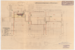 Schwarz-weißer Architekturplan des Rosenhof-Krankenhauses in Hamburg, Deutschland, der detaillierte Layout mit zahlreichen Drähten zeigt, die elektrische oder strukturelle Pläne angeben, begleitet von handgeschriebenen Textanmerkungen.