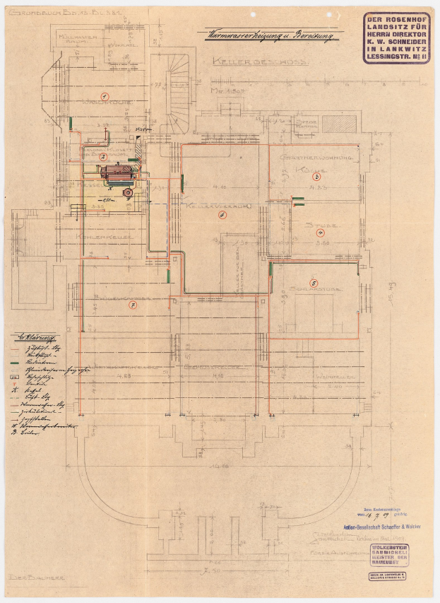Schwarz-weißer Architekturplan des Rosenhof-Krankenhauses in Hamburg, Deutschland, der detaillierte Layout mit zahlreichen Drähten zeigt, die elektrische oder strukturelle Pläne angeben, begleitet von handgeschriebenen Textanmerkungen.
