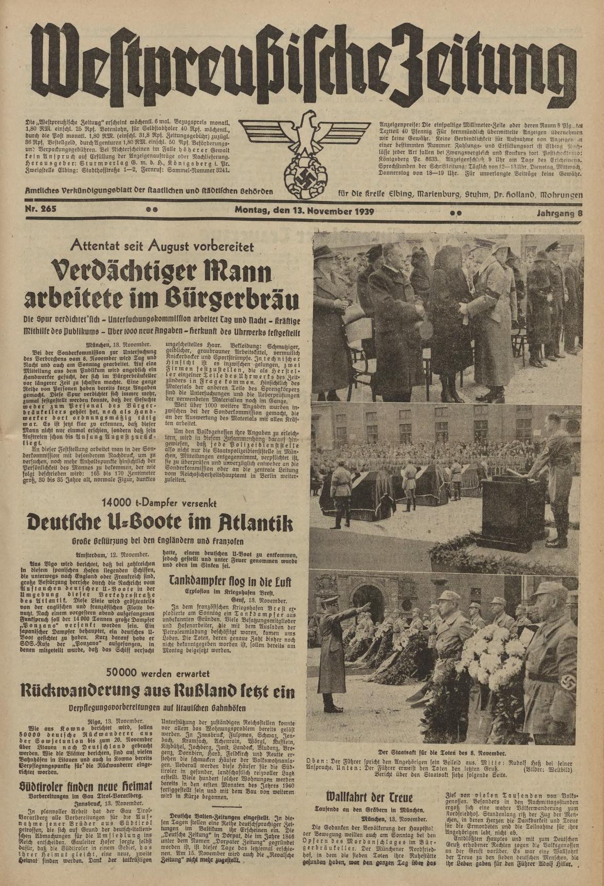 Titelseite der deutschen Zeitung 'Weitpreubliche Zeitung' vom 13. November 1939, die eine Gruppe von Menschen in traditioneller deutscher Kleidung in einer feierlichen Umgebung zeigt.