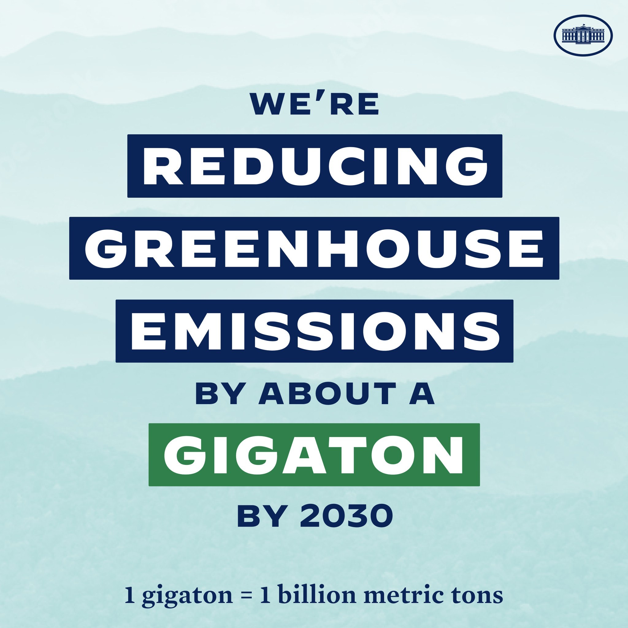 Plakat mit der Aufschrift "Wir reduzieren die Treibhausgasemissionen bis 2030 um etwa eine Gigatonne" und einem Logo, das die Reduzierung der Treibhausgase bis 2030 fordert.