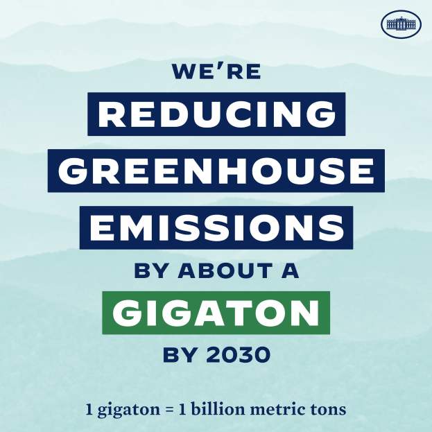 Plakat mit der Aufschrift "Wir reduzieren die Treibhausgasemissionen bis 2030 um etwa eine Gigatonne" und einem Logo, das die Reduzierung der Treibhausgase bis 2030 fordert.