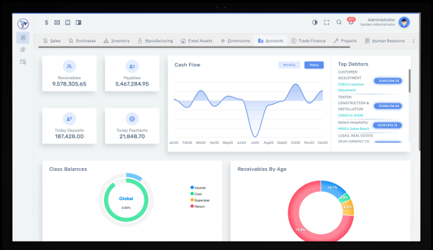 Bildschirm eines Laptops, der ein Finanzmanagement-Dashboard mit Graphen und Text auf einem weißen Hintergrund mit einem blauen Header anzeigt.