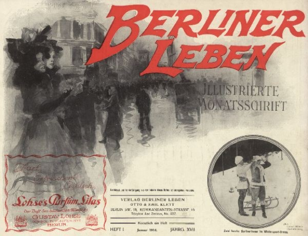 Umschlag eines alten Buches mit dem Titel 'Berliner Leben' mit einer Illustration von Menschen in traditioneller deutscher Tracht, die wahrscheinlich die kulturelle Geschichte Berlins darstellt.