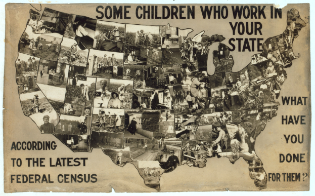 Plakat mit einer USA-Karte und Bildern von Kindern, Text lautet "Einige Kinder, die in Ihrem Bundesstaat arbeiten, laut der letzten Volkszählung".