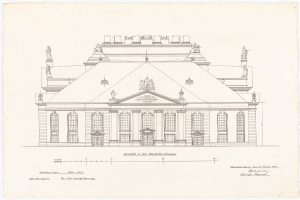 Ein detailliertes Zeichnung des Schlosshof-Gebäudefassaden in Dresden, Deutschland, mit zahlreichen Fenstern und Statuen, auf Papier gezeichnet mit begleitendem Text.
