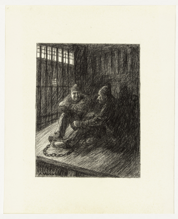 Eine Schwarz-Weiß-Zeichnung von zwei verstörten Männern in einer Gefängniszelle, einer schaut weg und der andere direkt in die Kamera, mit einem offenen Fenster im Hintergrund.
