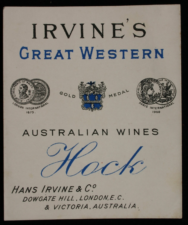 Plakat, das Irvine's Great Western Australian Wines bewirbt und den Text und Logos des Unternehmens enthält.