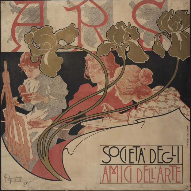 Ein Plakat, das die Gesellschaft der Kunst von Alphonse Mucha ankündigt, mit einer lebendigen Illustration von drei einzigartig gestalteten Menschen auf einem hellgelben Hintergrund mit fetter schwarzer Schrift.