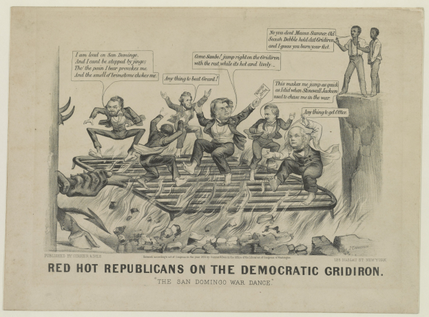 Politischer Cartoon zeigt rote Figuren in Not auf einem Gitterfeld mit fetter Schrift, die eine ernste Situation betont.