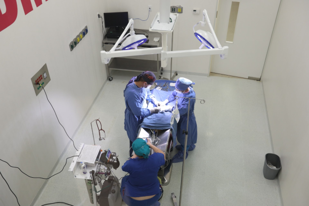 Chirurgen führen einen Eingriff an einem Patienten in einem Operationssaal mit medizinischer Ausrüstung, einem Monitor und einer Wand mit Text auf der linken Seite.