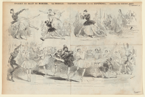 Ein Buchseite mit einer lebendigen Zeichnung einer Gruppe von Menschen, die im Einklang tanzen, mit begleitendem Text, der das Datum, die Uhrzeit und den Ort des Ereignisses angibt.