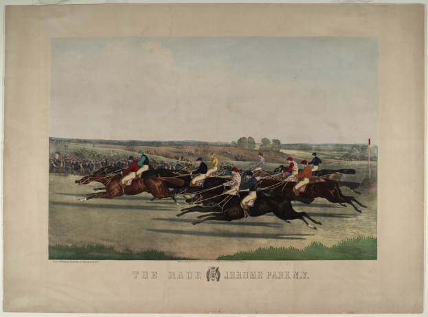 Eine Gruppe von Menschen, die auf Pferden durch ein grünes Feld mit Bäumen und einem blauen Himmel reitet, beschriftet mit "Das Rennen auf dem Jerome Park, New York."
