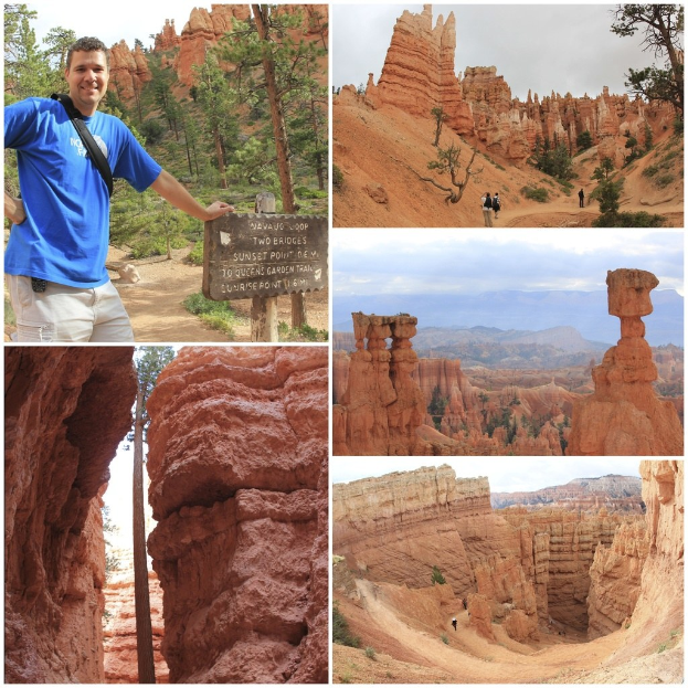 Ein Collage mit historischen Monumenten, Bäumen, einer Gruppe von Menschen, einer Tafel, Skulpturen, Felsen und dem Himmel.