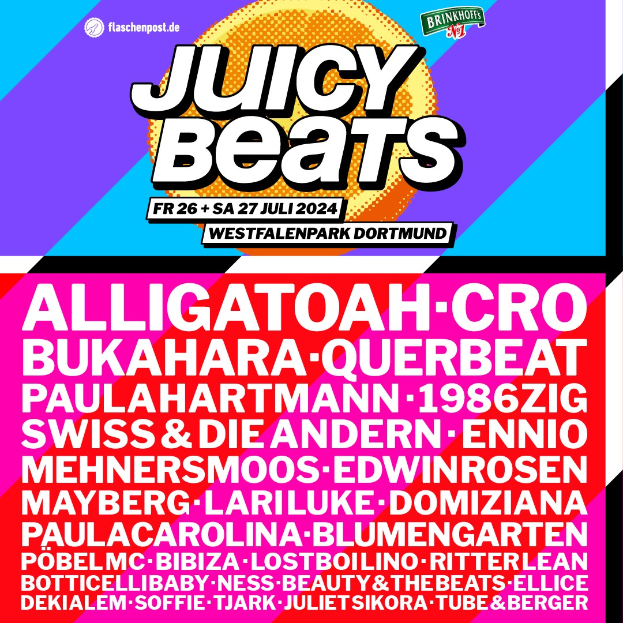 Ein lebendiger Plakat für "Juicy Beats Festival" mit schwarzer Schrift auf einem hellgelben Hintergrund, umgeben von einem schwarzen Rand, mit bunten Bildern von einem Mikrofon, einem Plattenspieler und einem Ständer.