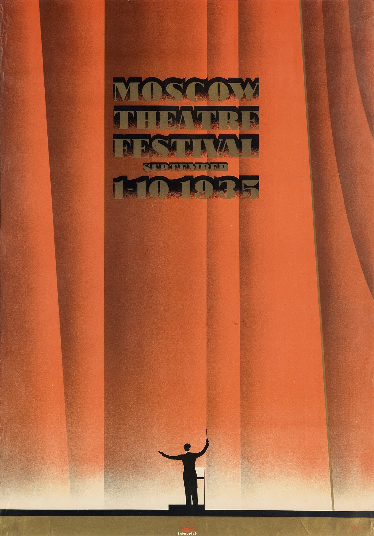 Plakat für das Moskauer Theaterfestival 1935 mit einer Person vor einem Vorhang mit Festival-Informationen