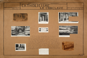 Ein Buch mit Bildern und Texten ├╝ber die Geschichte der katholischen Kirche, darunter Bilder von R├Ąumen, Fluren und konservierten Artefakten.