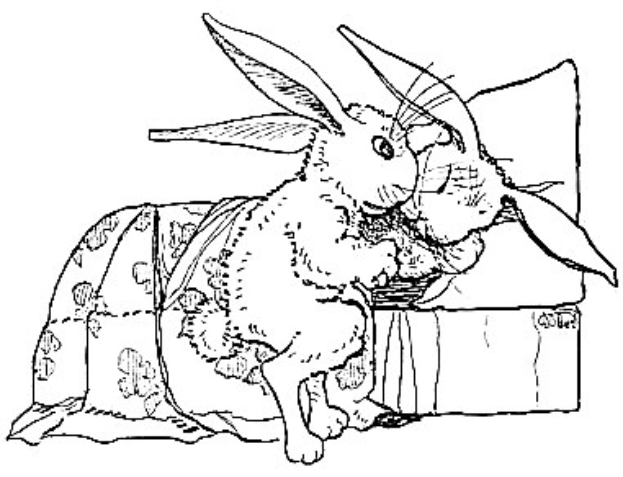 Schwarze und weiße Strichzeichnung von zwei Hasen, die auf einem Sofa sitzen und von Ostereier-Malvorlagen umgeben sind, die Eier, Hasen und andere Osterthemen auf einem weißen Hintergrund zeigen.