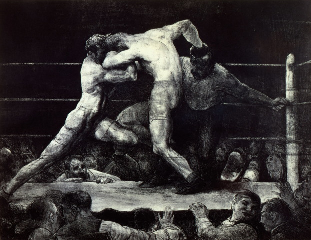 Schwarz-weiß-Zeichnung von zwei Boxern im Ring, einer führt einen Schlag aus, während der andere sich verteidigt, mit einer jubelnden Menge im Hintergrund.