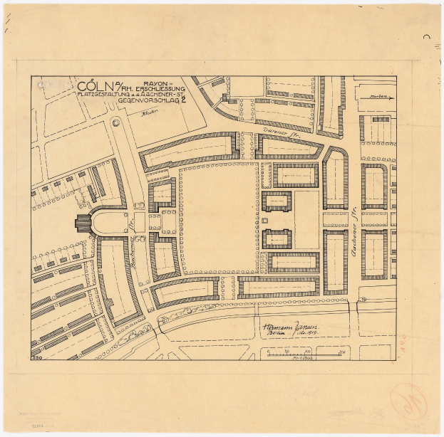 Alte Karte von Köln, Deutschland, zeigt einen detaillierten Gebäuderiegel mit handgeschriebenen Textanmerkungen auf altem Papier.