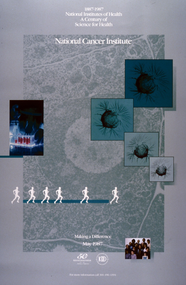 Hellbuntes Plakat für das National Cancer Institute mit blauem Hintergrund und weißer Schrift, das einen Kreis aus überlappenden, fröhlichen Bildern von verschiedenen Menschen um die fettgedruckte, großgeschriebene Überschrift zeigt.