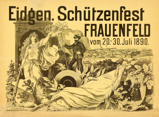 Plakat für das Eidgen Schützenfest in Frauenfeld, Deutschland, das einen förmlich gekleideten Mann und eine Frau mit Veranstaltungstext zeigt.
