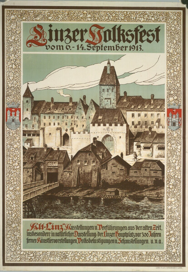 Alter deutscher Festplakat mit Burgen- und Häuserillustration, begleitet von Text.