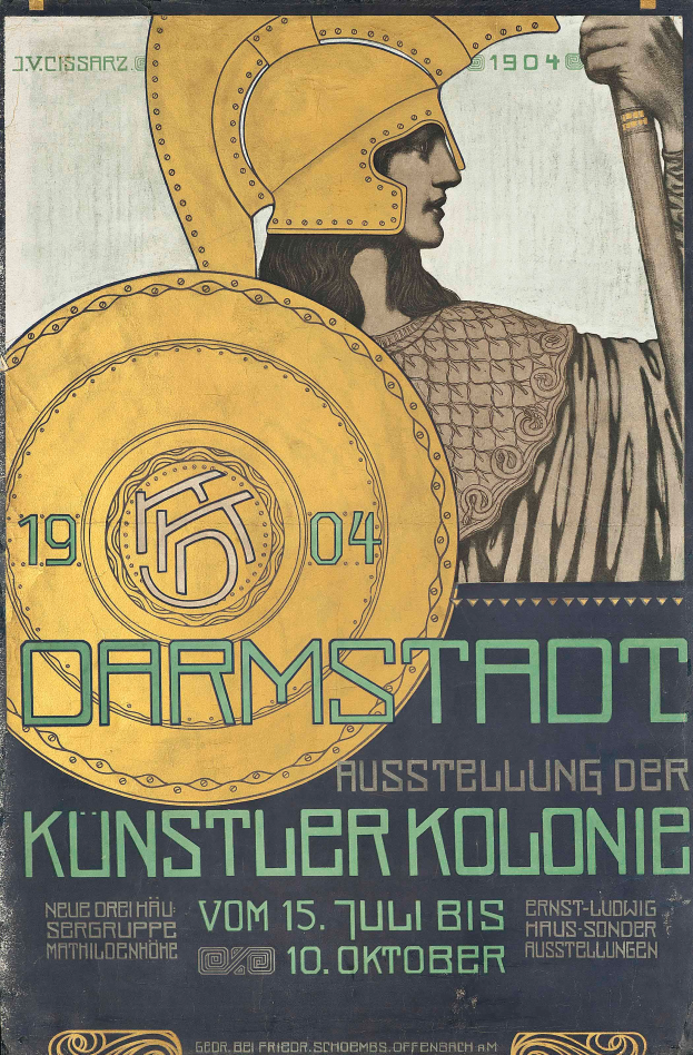 Ein Plakat wirbt für ein Konzert im Jahr 1904 in Berlin, Deutschland, mit einer Person in einem Helm, die ein Schild hält, und 'Darmstadt' und 'Kunstler Kolonie' in fetter Schrift.