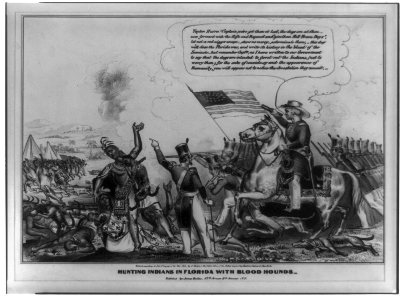 Schwarzes und weißes Foto einer Gruppe von Menschen, einige zu Pferde, mit einer Fahne im Hintergrund und Text unten mit der Aufschrift "Jagen von Indianern in Florida mit Bluthunden".