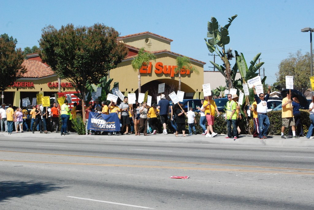 Eine Gruppe von Menschen, die Plakate halten und gehen, kleine Büsche, eine Fahne, ein Gebäude mit Namensschildern und Autos im Hintergrund.