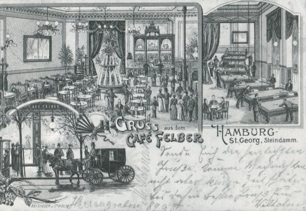 Alte Postkartenillustration eines Restaurants in Hamburg, Deutschland mit einem Pferdewagen, Menschen, Möbeln, Pflanzen, Kronleuchtern, Rahmen, Vorhängen und Text.