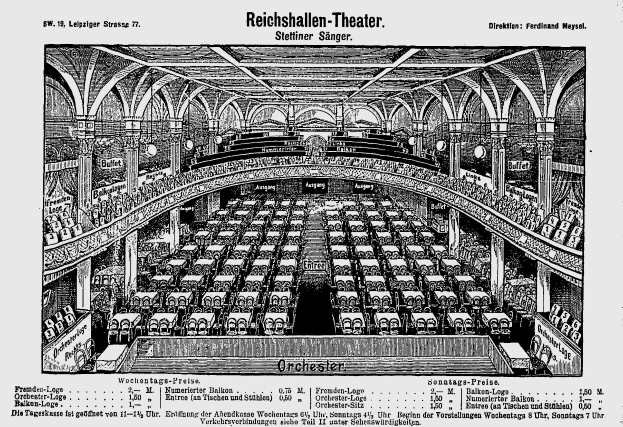 Schwarzes und weißes Architekturzeichnung des Reichshallen Theaters in Berlin, das das Auditorium mit Sitzreihen, Säulen und Decke zeigt und Text am Boden.