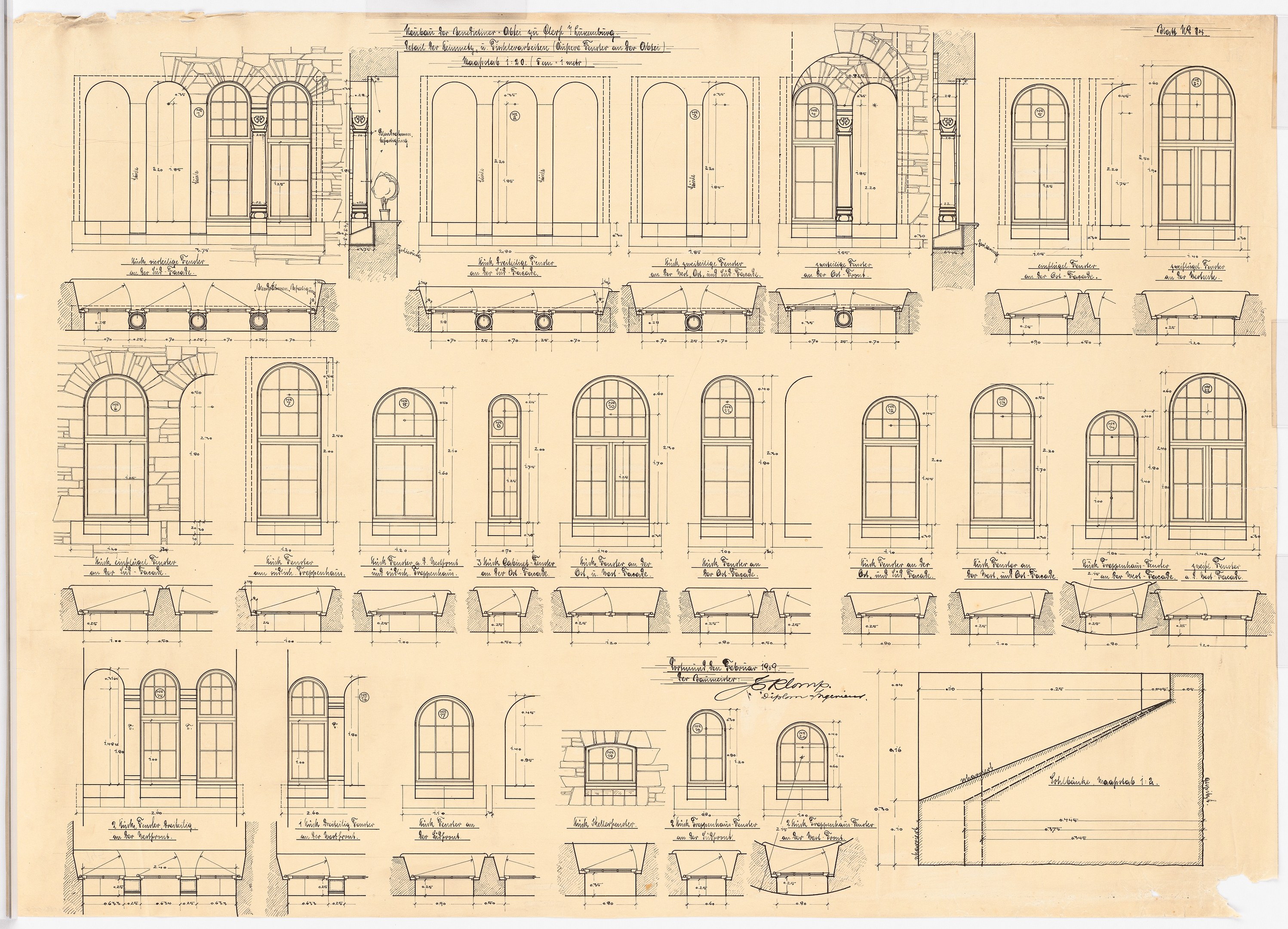 Eine Seite aus einem frühen 20. Jahrhundert Buch mit detaillierten architektonischen Zeichnungen verschiedener Fenster und Türen, begleitet von erklärendem Text.