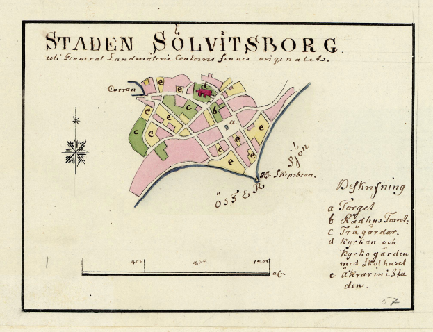 Detailierte Karte von Staden Solvitsborg, Schweden, zeigt Straßen, Gebäude und Sehenswürdigkeiten mit handgeschriebenem Text auf Papier.