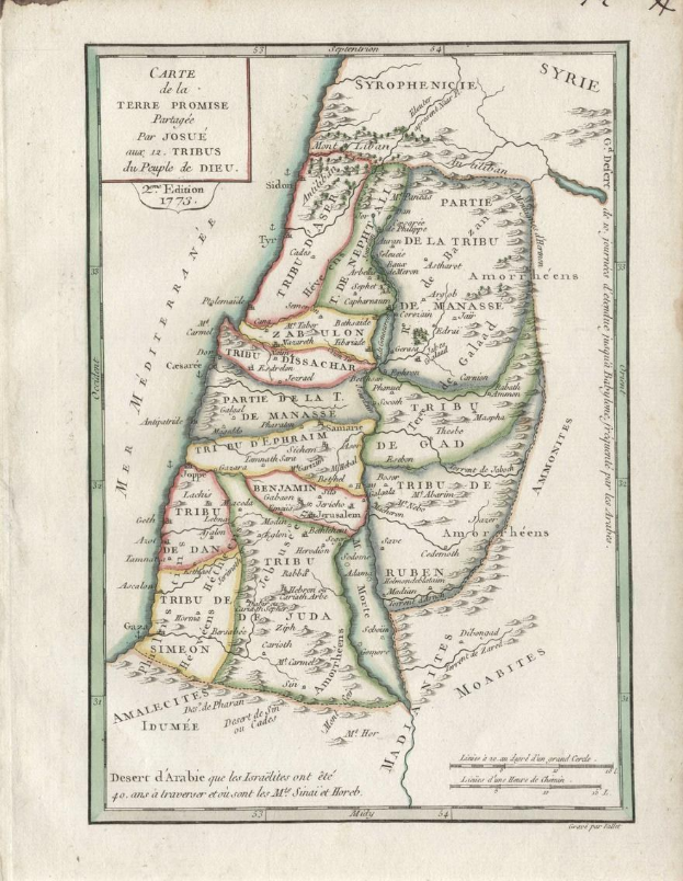 Altes Buch mit detaillierter Karte des Nahen Ostens und Israels, einschließlich beschrifteter Städte, Orte und geographischer Merkmale.