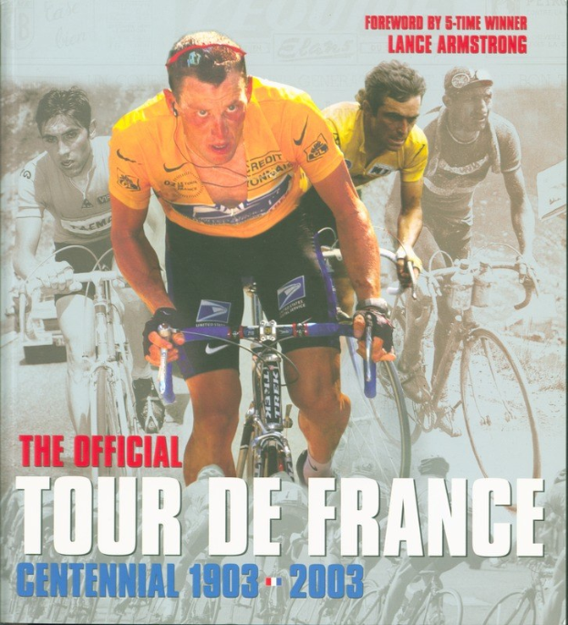 Offizielles Tour-de-France-Jubiläumsplakat (1903-2003) mit Radfahrern in einer Gruppe und begleitendem Text.