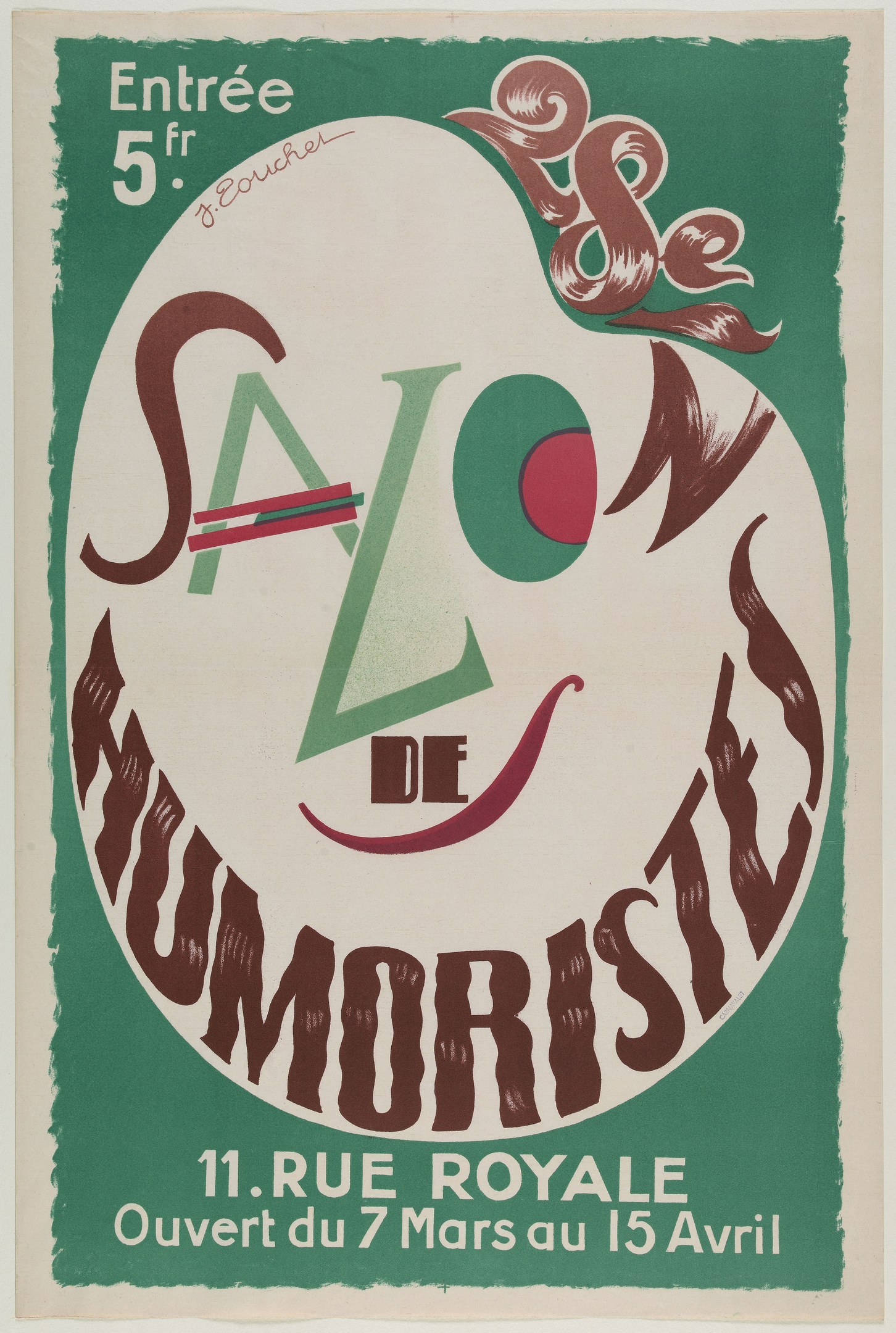 Plakat, das eine Humoristen-Salon-Veranstaltung in Paris, Frankreich, ankündigt, mit Text, der die Angebote beschreibt.