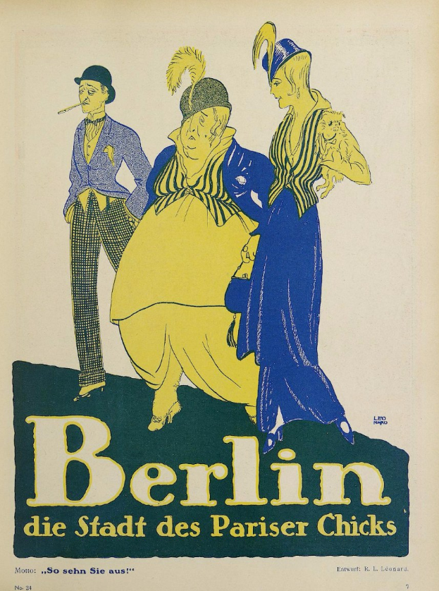 Plakat für ein Konzert in Berlin, Deutschland, das eine Gruppe farbig gekleideter Menschen vor einem Gebäude zeigt, auf dem 'Berlin - Die Stadt des Pariser Chicks' steht.