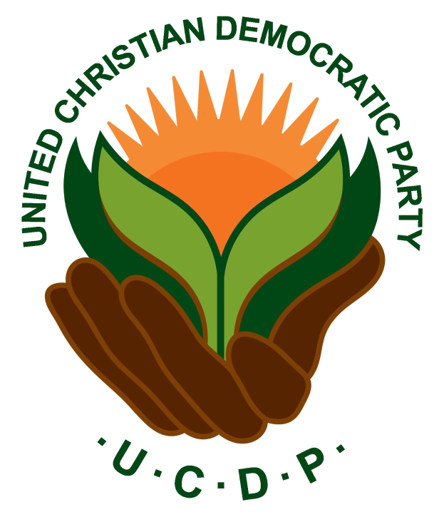 Logo der Vereinigte Christlich Demokratische Partei (VCDP) mit einer Hand, die eine leuchtend gelbe Blume mit grünem Stiel und Blättern hält, vor einem weißen Hintergrund mit einem blauen und gelben Kreis in der Mitte und dem Text "VCDP" in fetter schwarzer Schrift darunter.